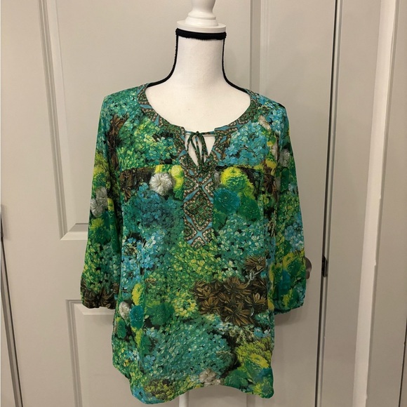 Figueroa & Flower green floral and plant patterned flowy sheer blouse size M - Picture 1 of 13